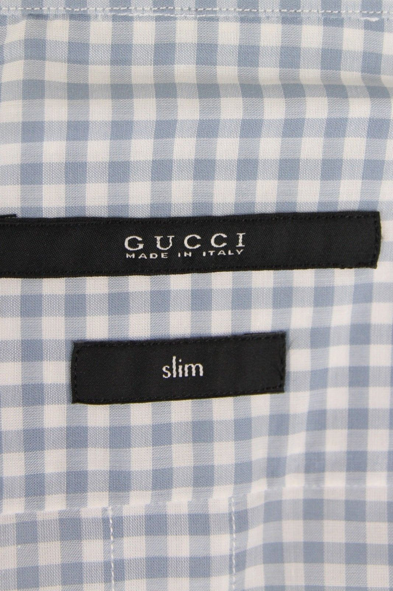 Gucci Men's Blue Topaz / White Cotton Vichy Checkered Slim Shirt