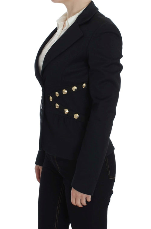 Exte Black Cotton Stretch Gold Studded Blazer Women's Jacket