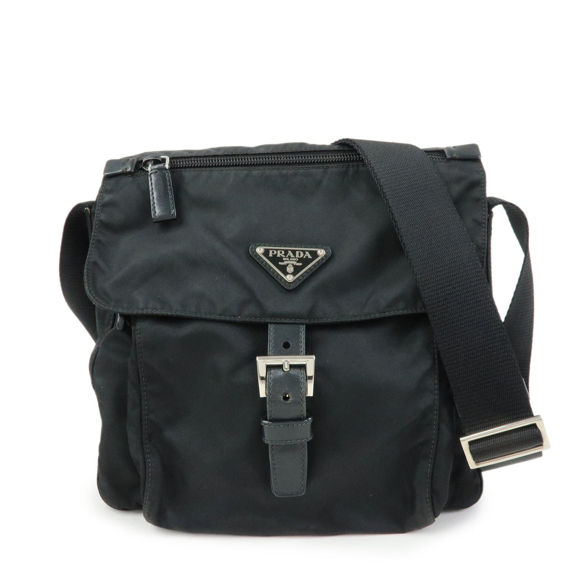 Prada Zip Buckle Messenger Tessuto Black Nylon Handbag (Pre-Owned)