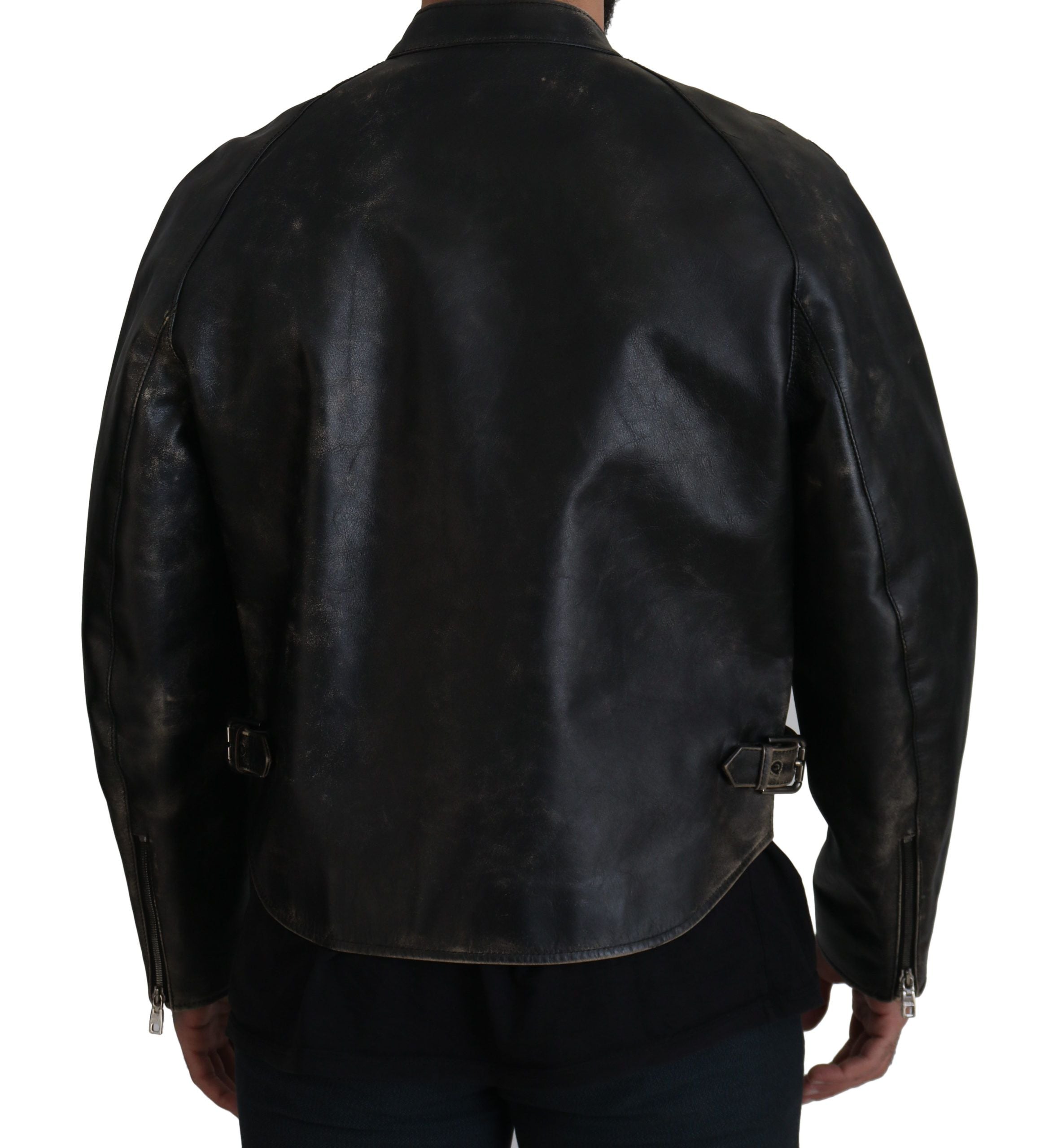 Dolce & Gabbana Elegant Black Leather Jacket with Silver Men's Details