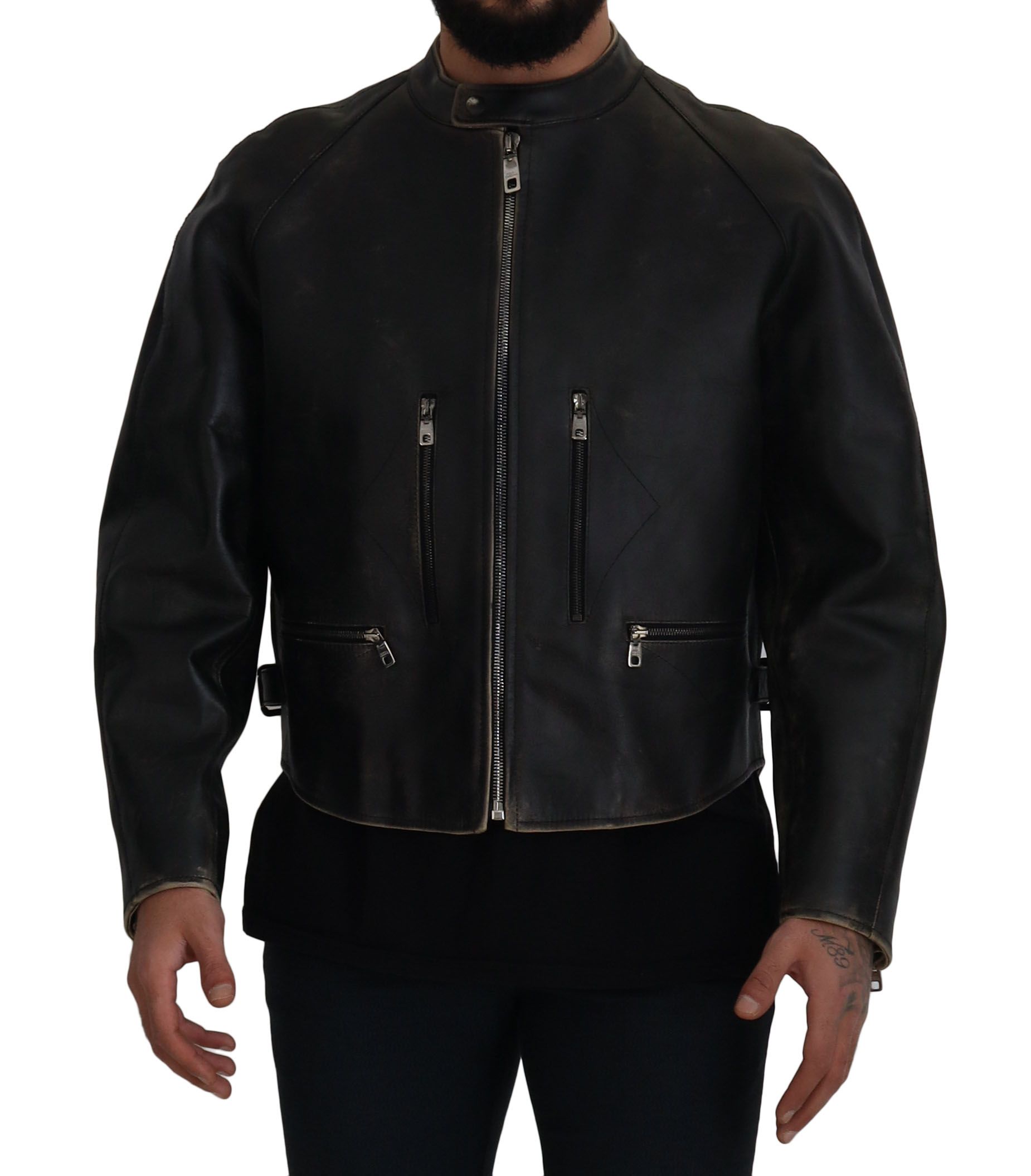 Dolce & Gabbana Elegant Black Leather Jacket with Silver Men's Details