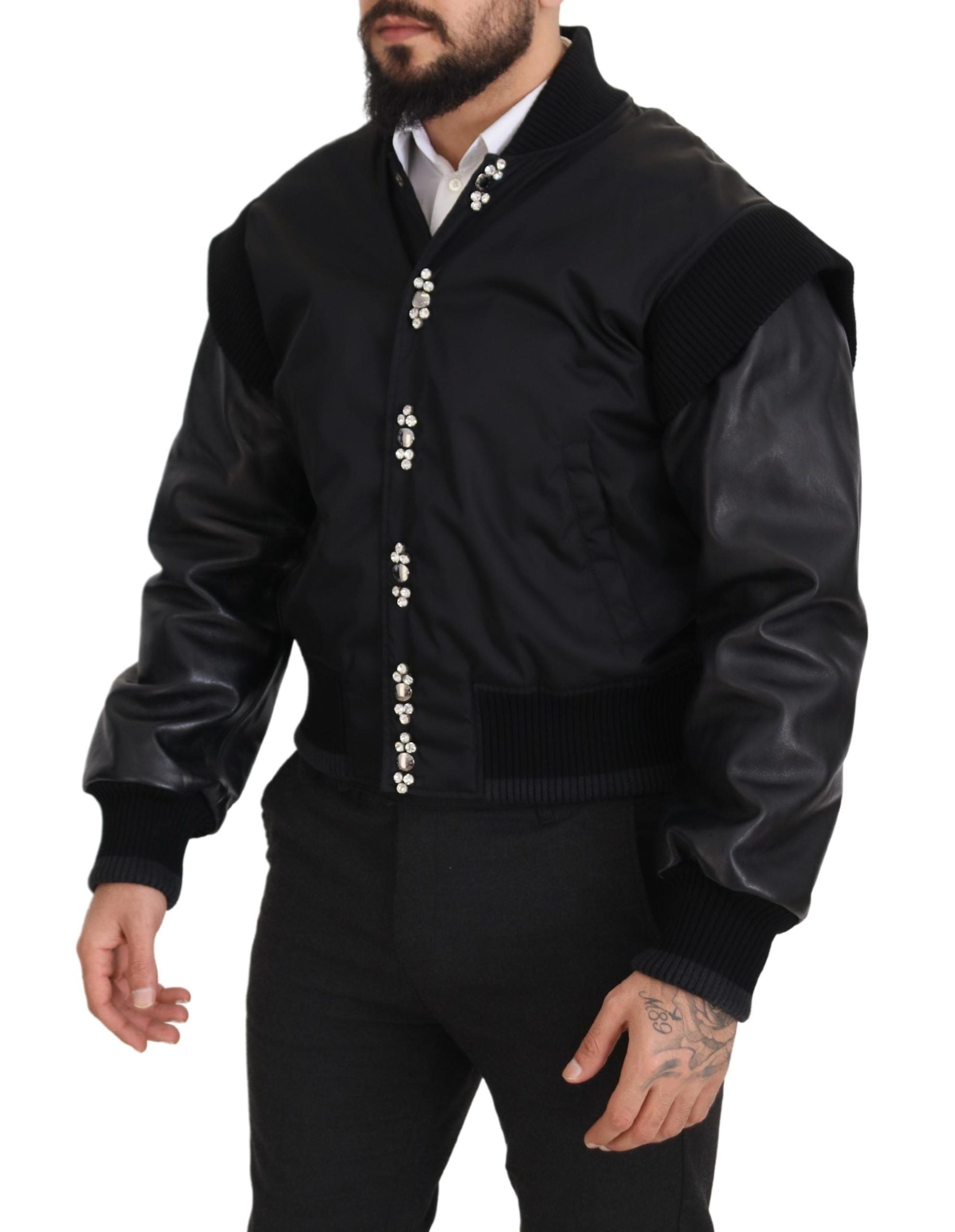 Dolce & Gabbana Elegant Black Crystal-Embellished Bomber Men's Jacket