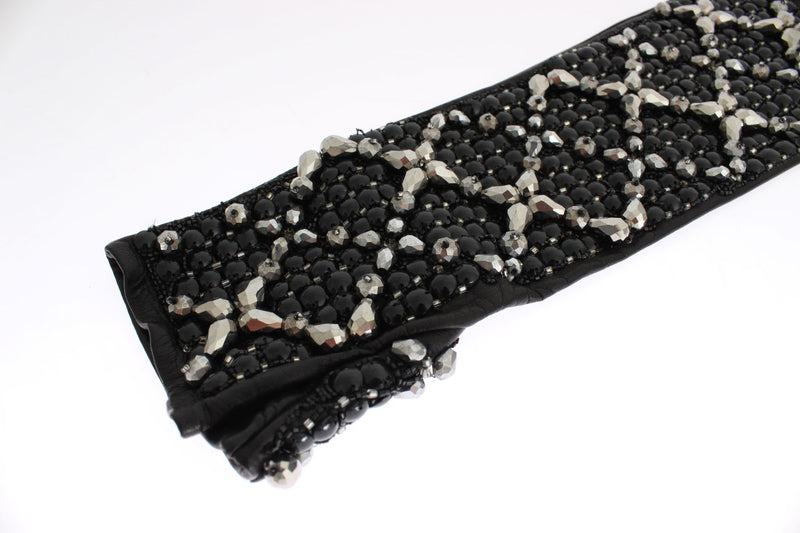 Dolce & Gabbana Elegant Black Crystal Beaded Leather Women's Gloves