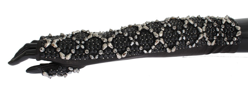 Dolce & Gabbana Black Leather Crystal Beaded Finger Free Women's Gloves