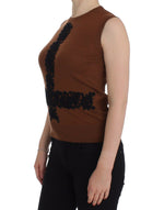 Dolce & Gabbana Brown Wool Black Lace Vest Sweater Women's Top