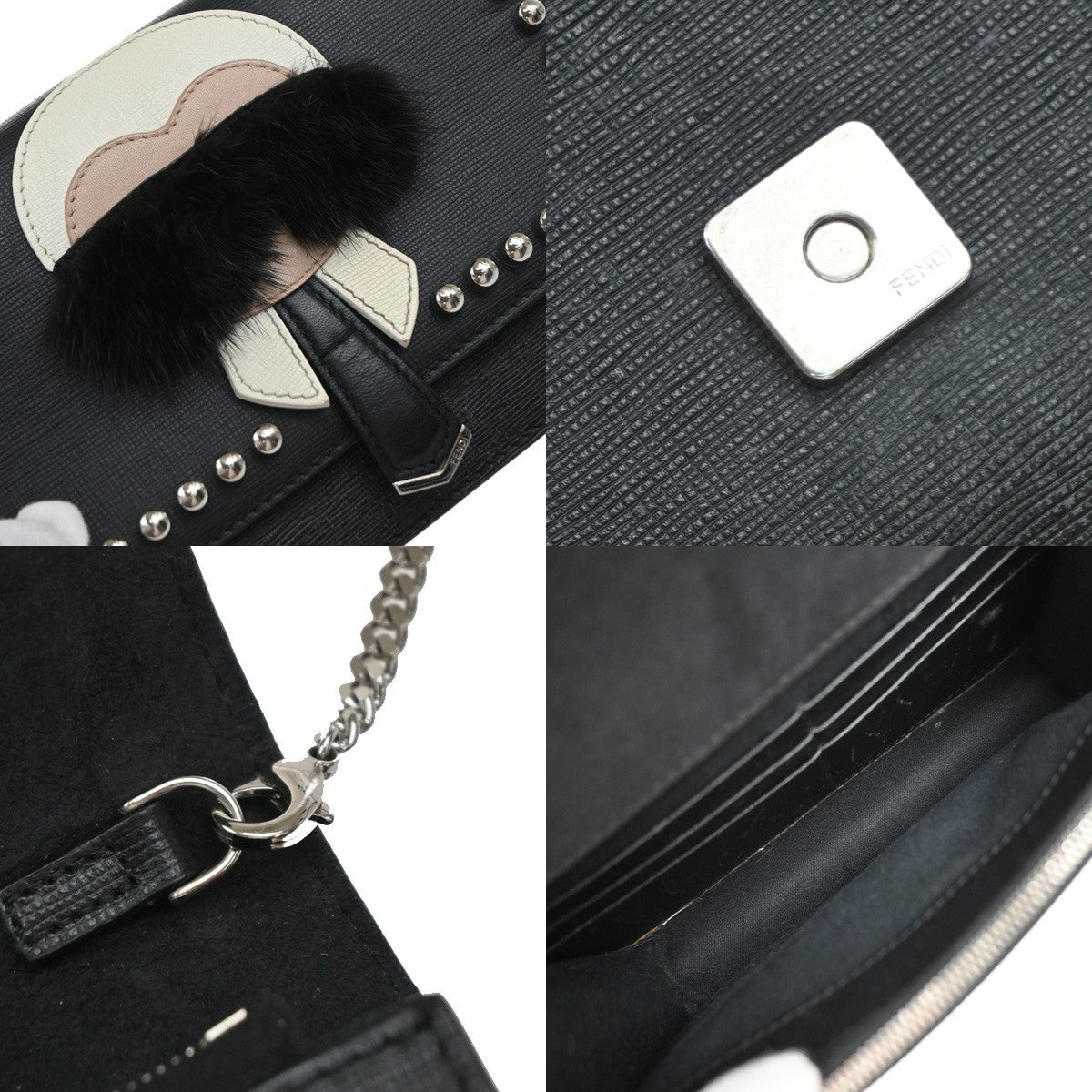 Fendi Karlito Wallet On Chain Studded Saffiano Leather Black Leather Shoulder Bag Bag (Pre-Owned)