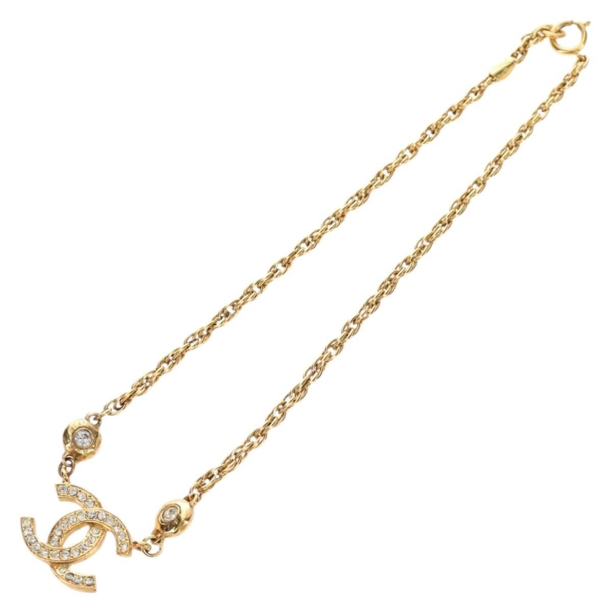 Chanel Cc Pendant Metal With Crystals Gold Metal Necklace Jewelry (Pre-Owned)