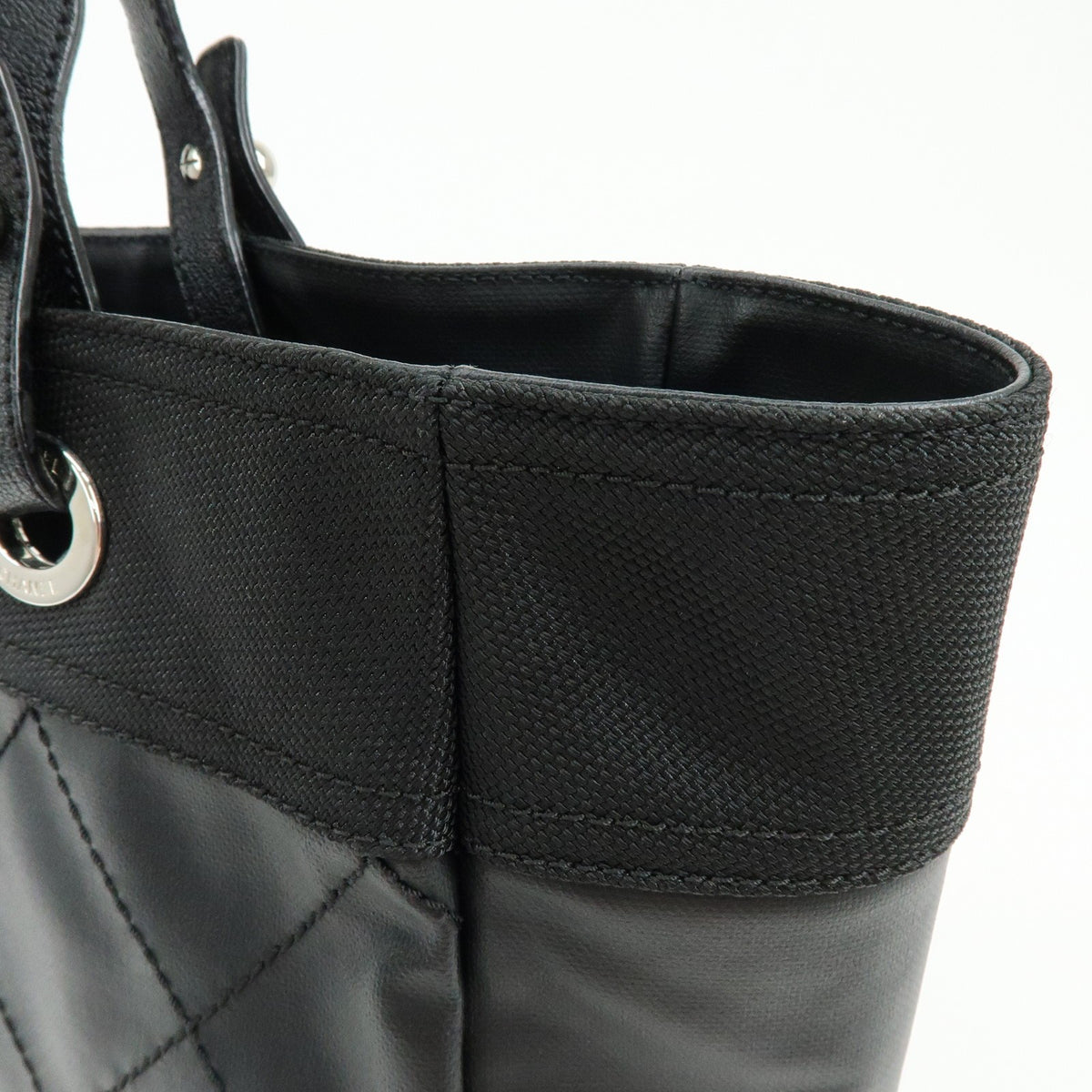 Chanel Biarritz Quilted Coated Canvas Black Leather Tote Bag Bag (Pre-Owned)