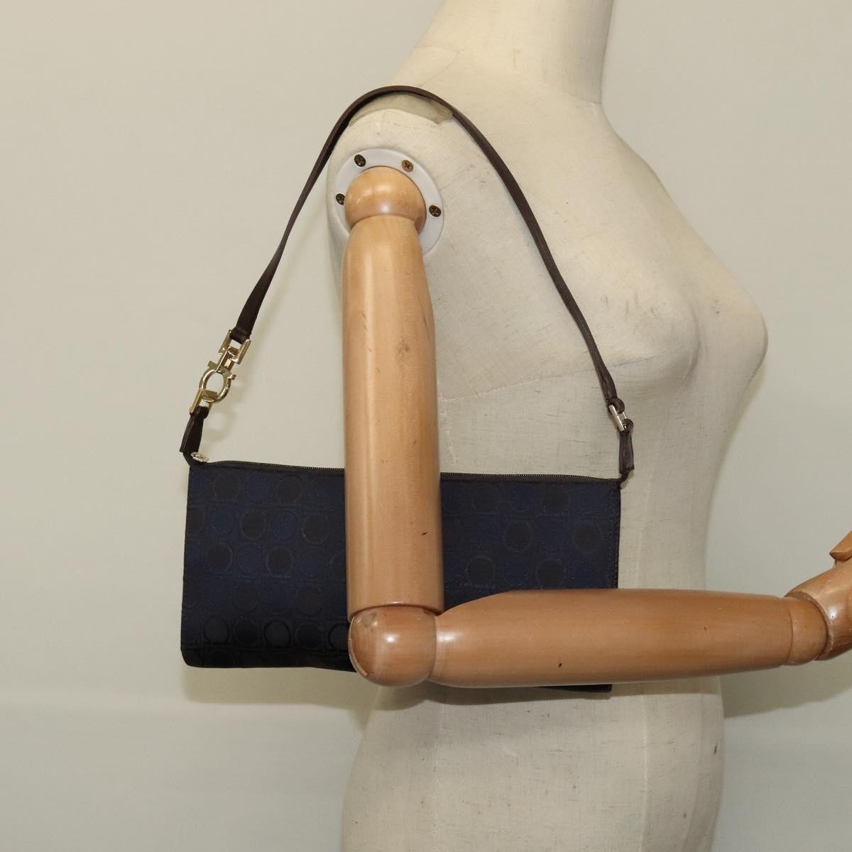 Salvatore Ferragamo Gancini Canvas Navy Canvas Handbag (Pre-Owned)