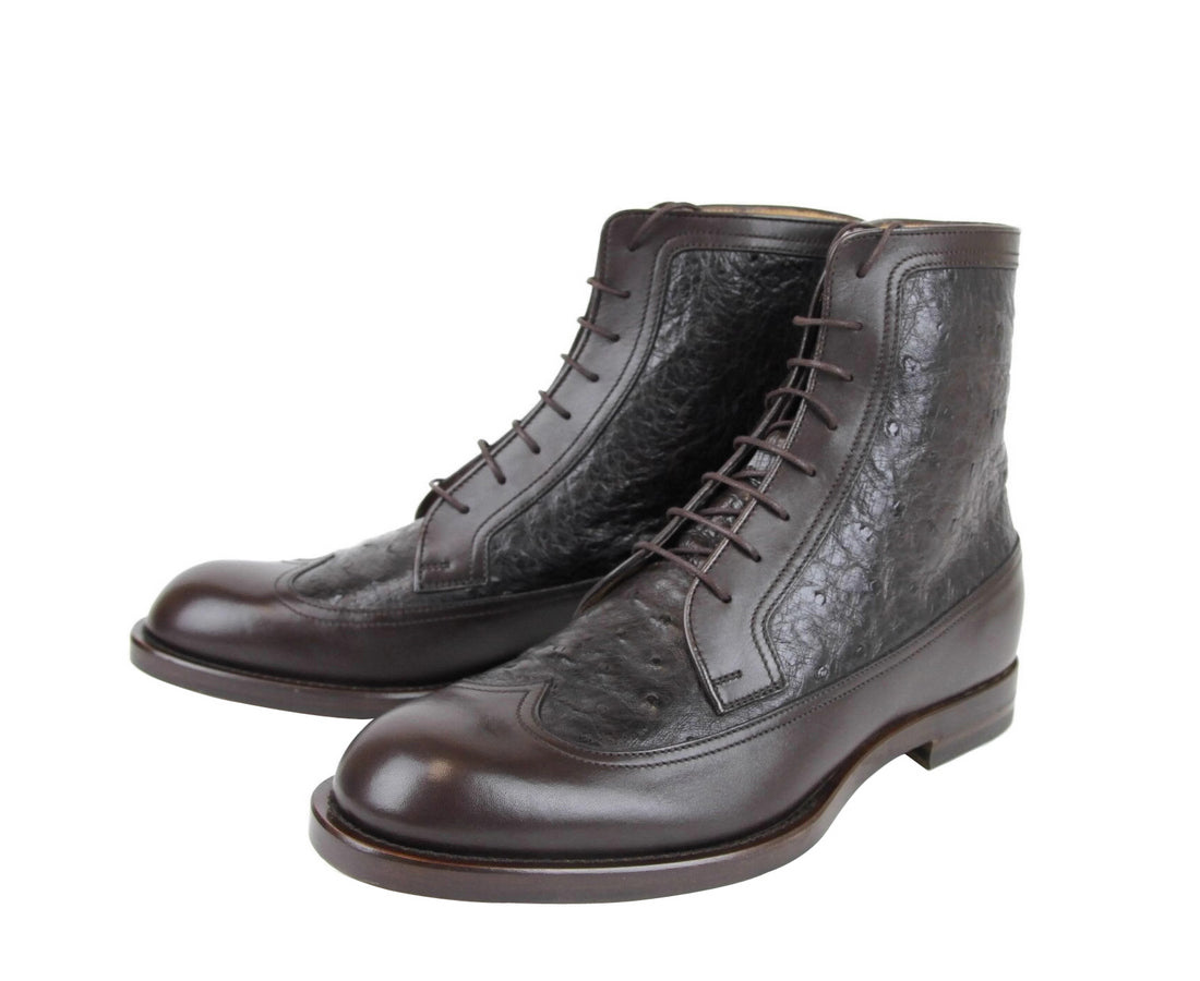 Leather Ostrich Lace up Ankle Boots