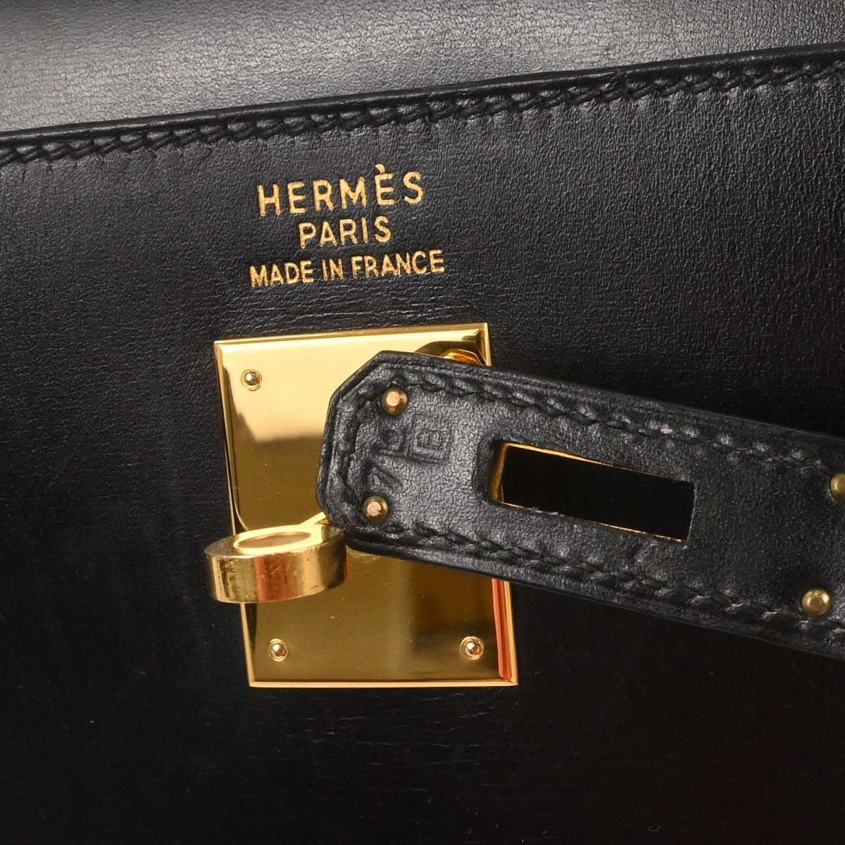 Hermes Kelly Black Box Calf With Gold Hardware Black Lace Handbag (Pre-Owned)
