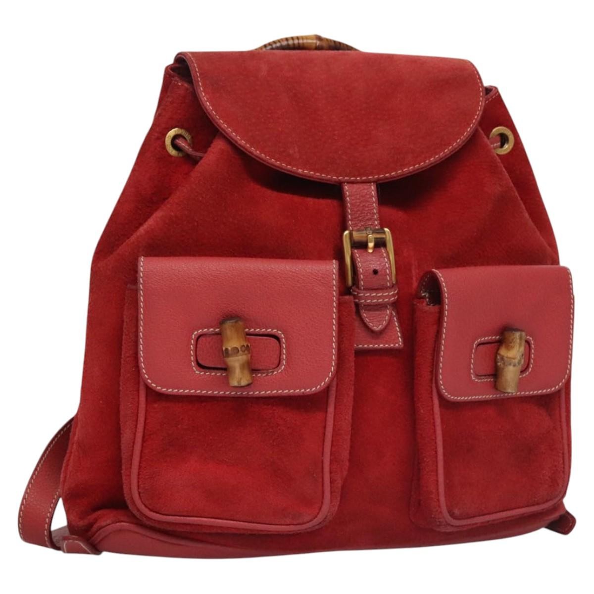 Gucci Vintage Bamboo Suede And Leather Red Suede Backpack Bag (Pre-Owned)