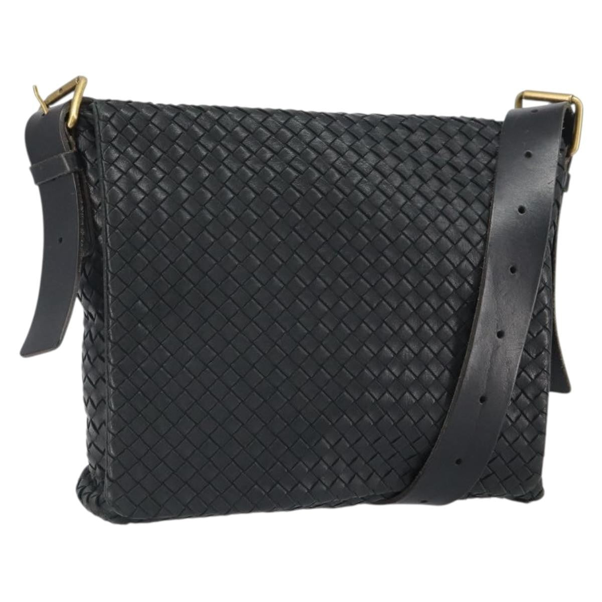 Bottega Veneta Square Flap Messenger Intrecciato Nappa Black Leather Shoulder Bag Bag (Pre-Owned)