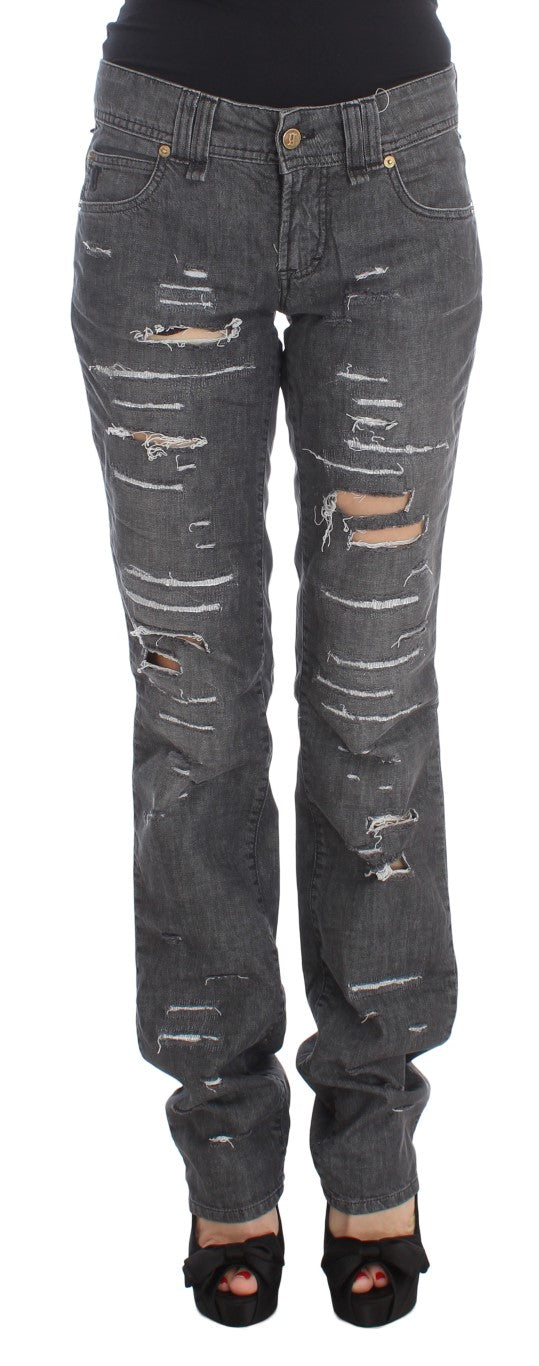 John Galliano Gray Wash Cotton Torn Straight Fit Women's Jeans