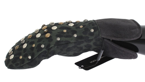 Dolce & Gabbana Gray Wool Shearling Studded Green Leopard Men's Gloves