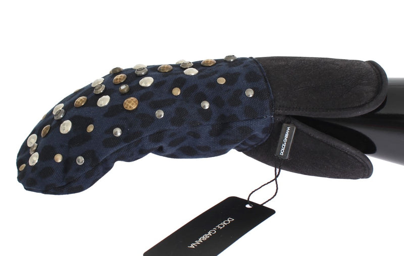 Dolce & Gabbana Gray Wool Shearling Studded Blue Leopard Men's Gloves
