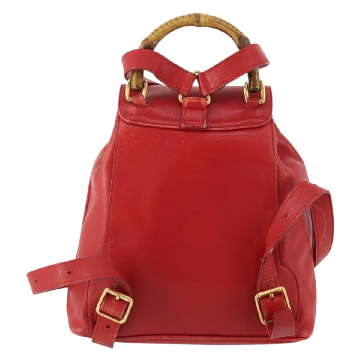 Gucci Vintage Bamboo Leather Red Leather Backpack Bag (Pre-Owned)
