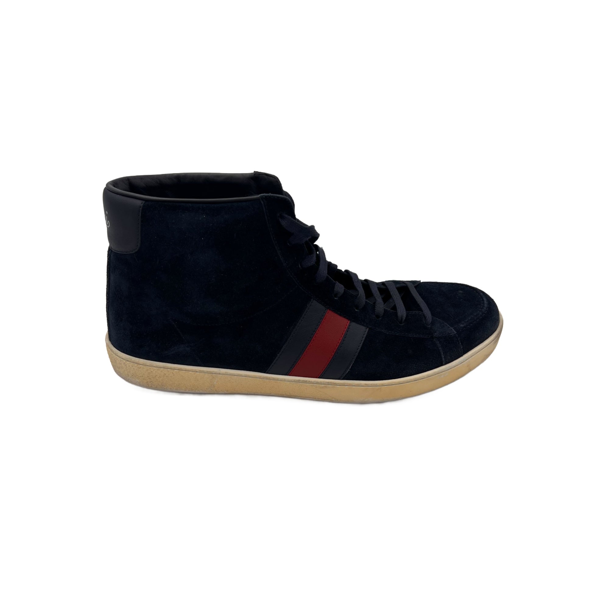 Gucci Men's Navy Blue Suede Web Detail High Top Sneakers (Pre-Owned)