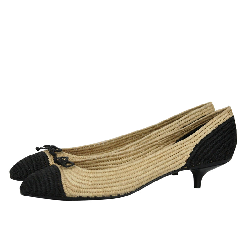 Bottega Veneta Women's Bow Beige Black Straw Heel Pump 337827 1050
