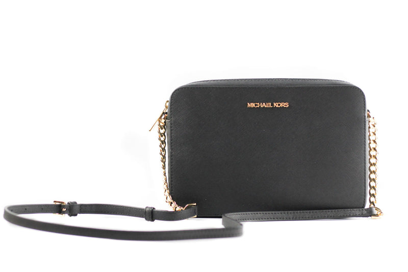 Michael Kors Jet Set Large East West Saffiano Leather Crossbody Bag Handbag (Black Solid/Gold Women's Hardware)