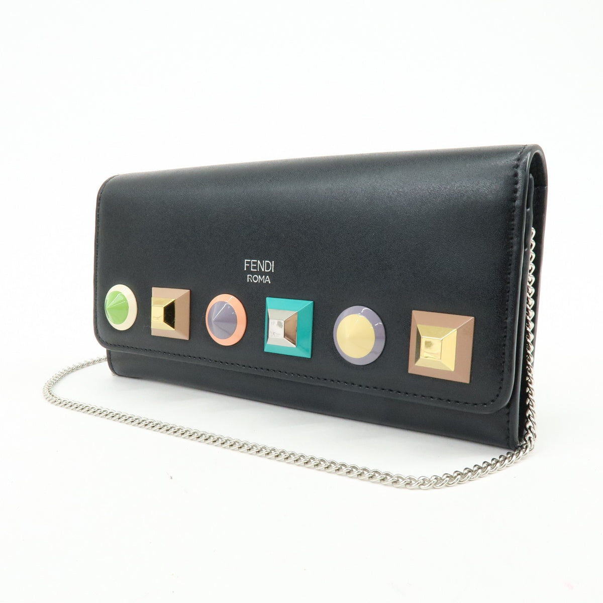 Fendi Continental Wallet On Chain Studded Leather Black Leather Crossbody Bag Bag (Pre-Owned)