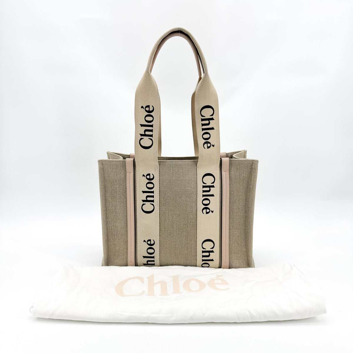 Chloe Woody Canvas With Leather Beige Canvas Tote Bag Bag (Pre-Owned)