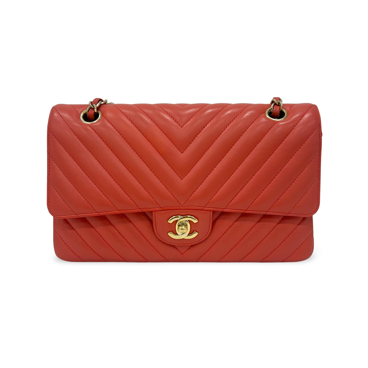 Chanel Classic Double Flap Chevron Lambskin Red Leather Handbag (Pre-Owned)