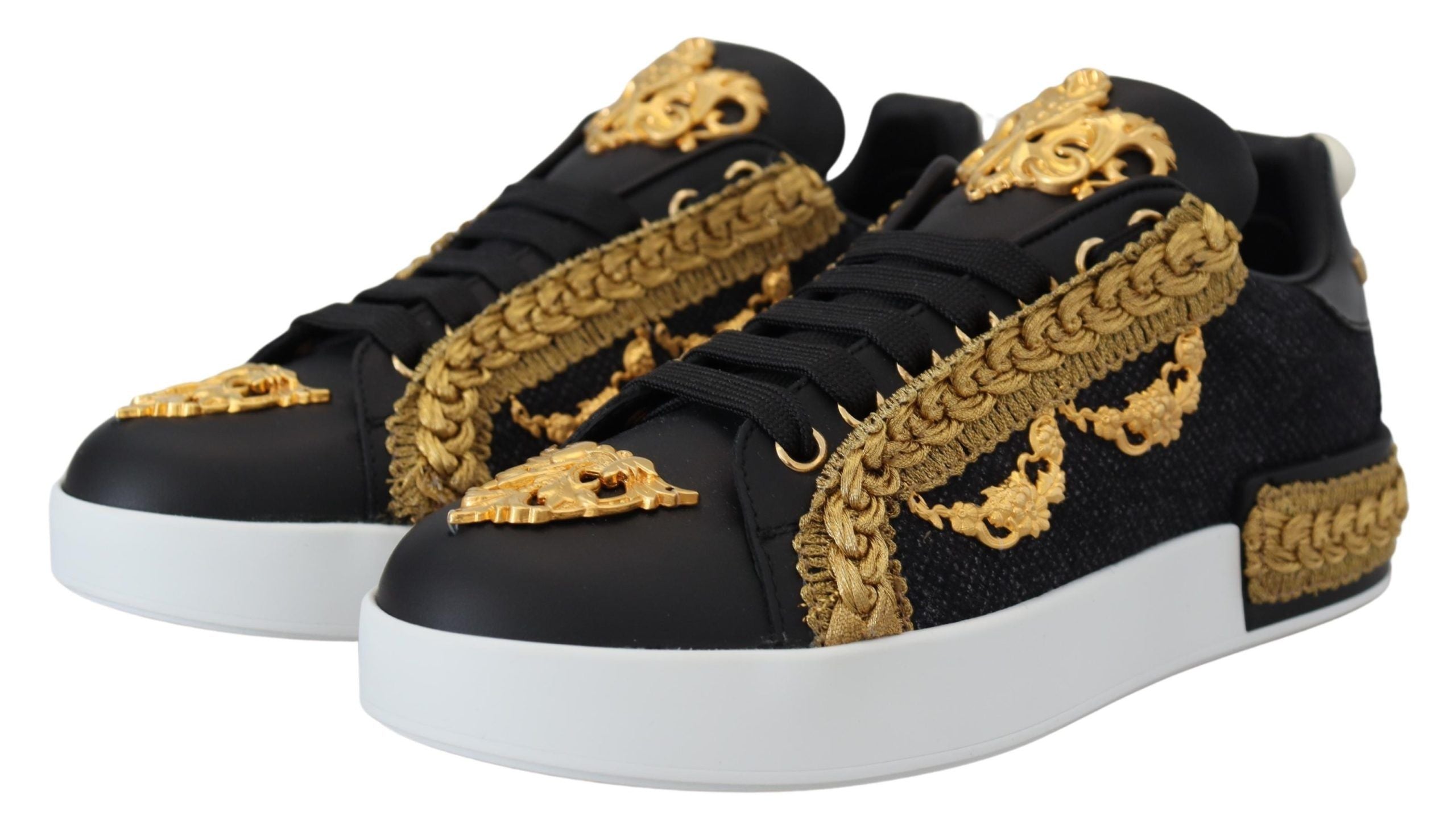 Dolce & Gabbana Black Gold Baroque Portofino Leather Sneakers Women's Shoes (Pre-Owned)