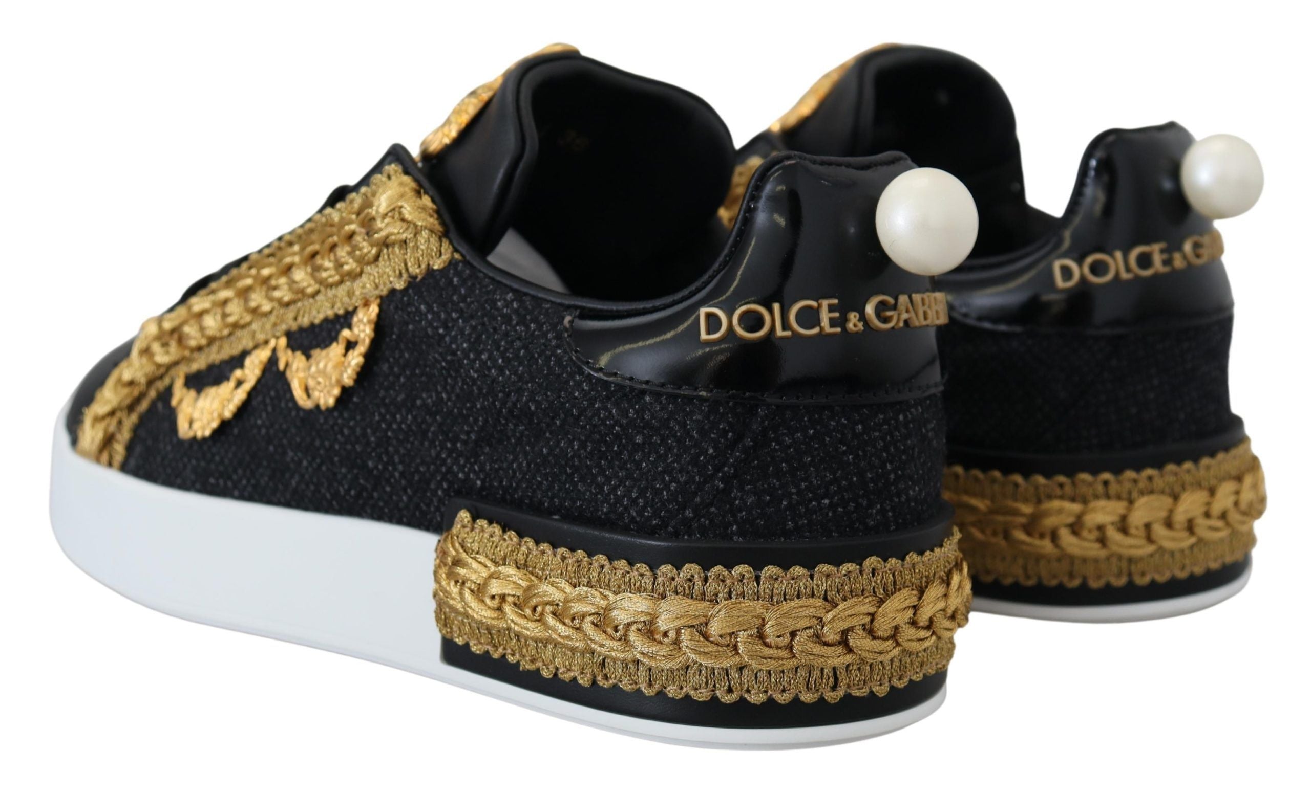 Dolce & Gabbana Black Gold Baroque Portofino Leather Sneakers Women's Shoes (Pre-Owned)