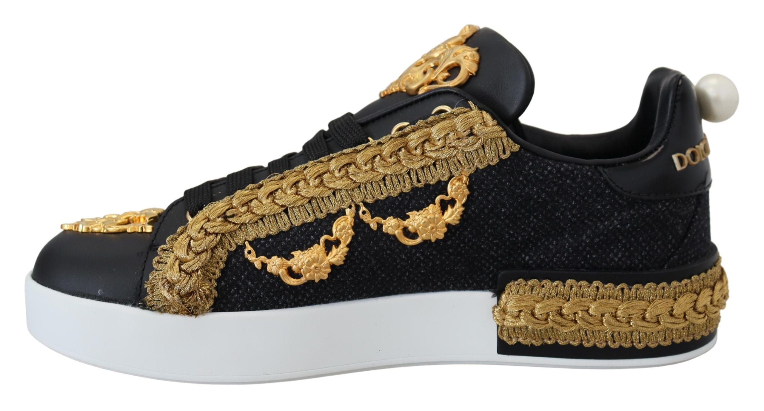Dolce & Gabbana Black Gold Baroque Portofino Leather Sneakers Women's Shoes (Pre-Owned)
