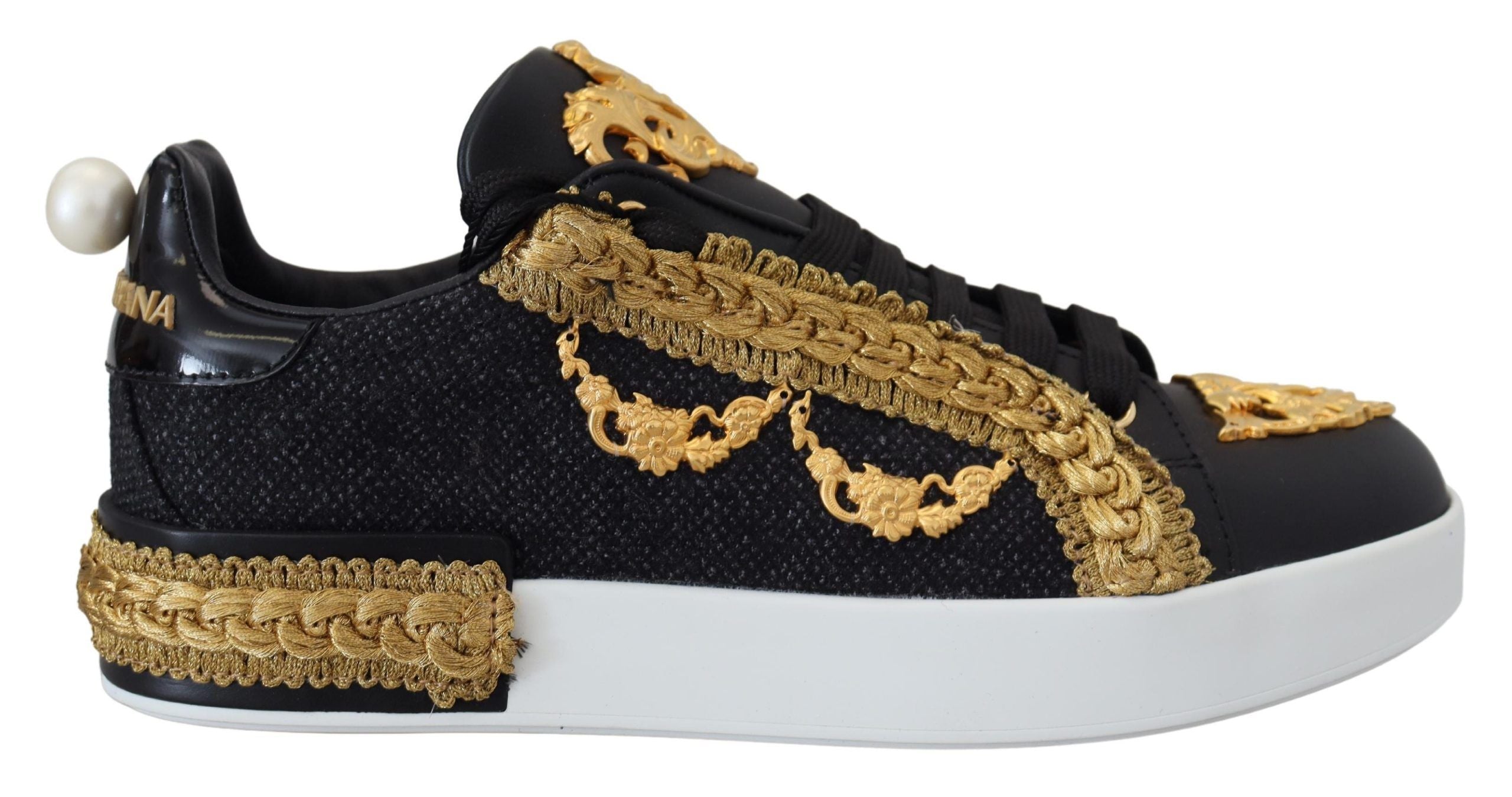 Dolce & Gabbana Black Gold Baroque Portofino Leather Sneakers Women's Shoes (Pre-Owned)