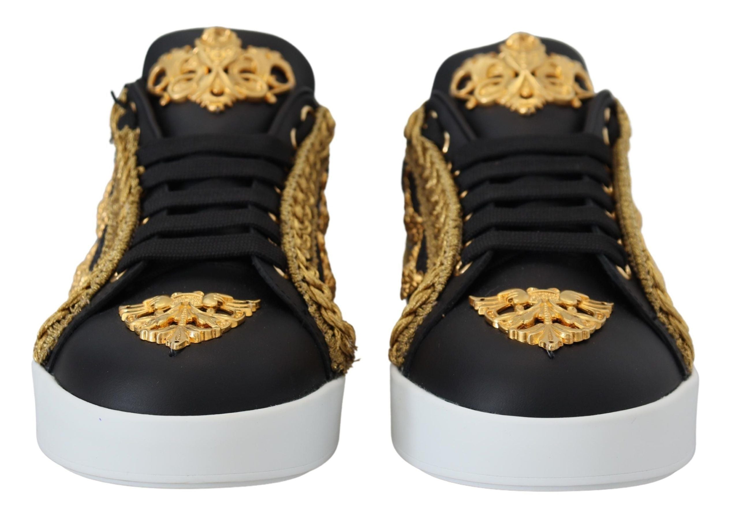 Dolce & Gabbana Black Gold Baroque Portofino Leather Sneakers Women's Shoes (Pre-Owned)