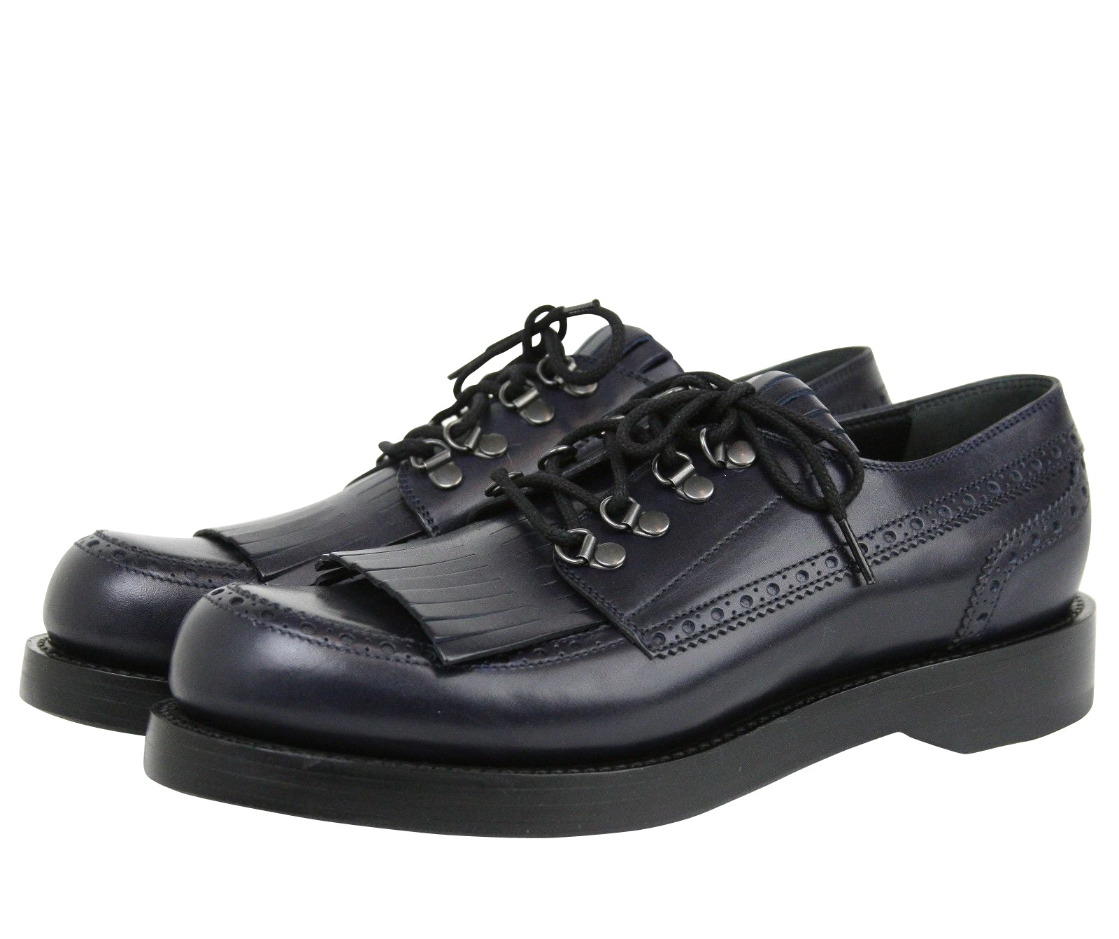 Gucci Fringed Brogue Lace-Up Dark Blue Leather Shoes 358271 4009