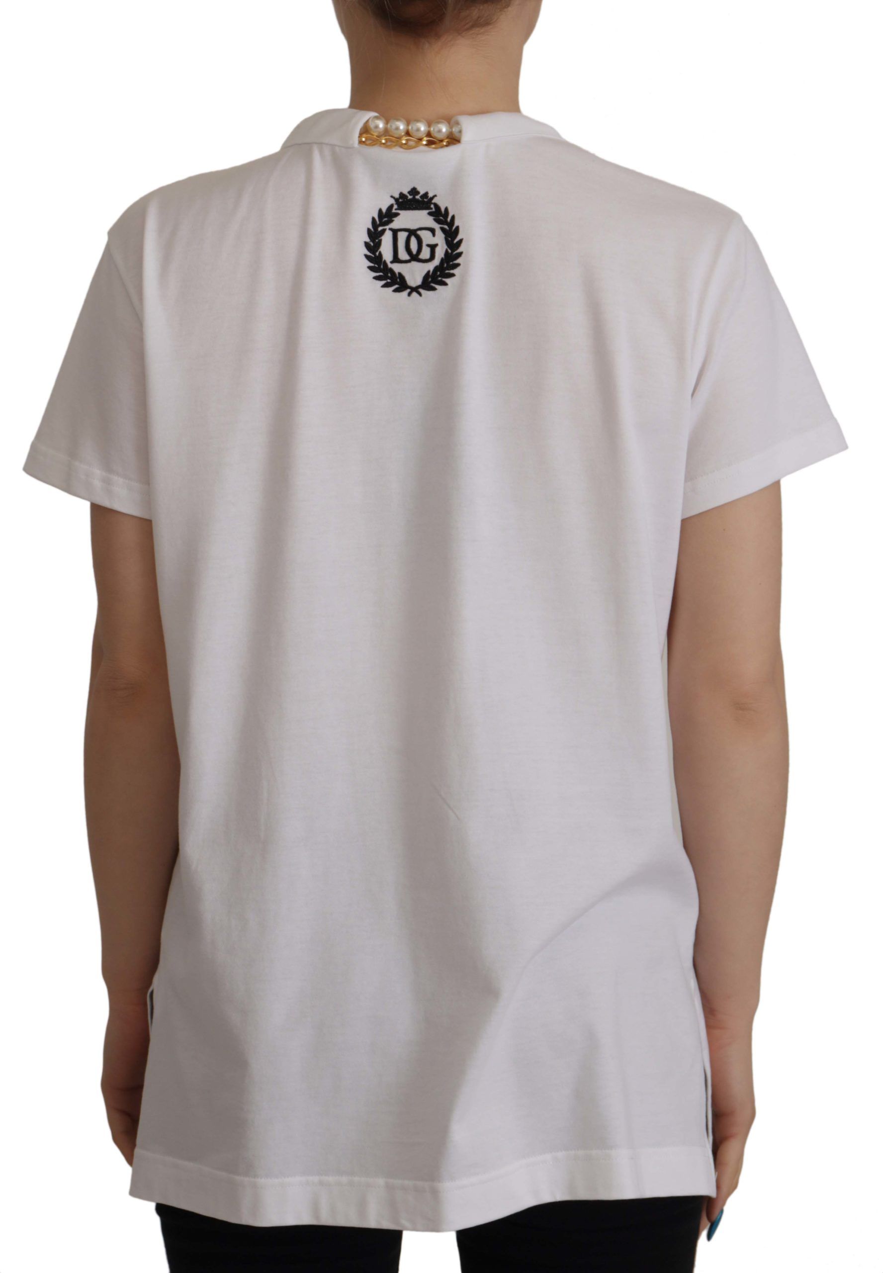Dolce & Gabbana White Necklace Embellished Neckline T-shirt Women's Top