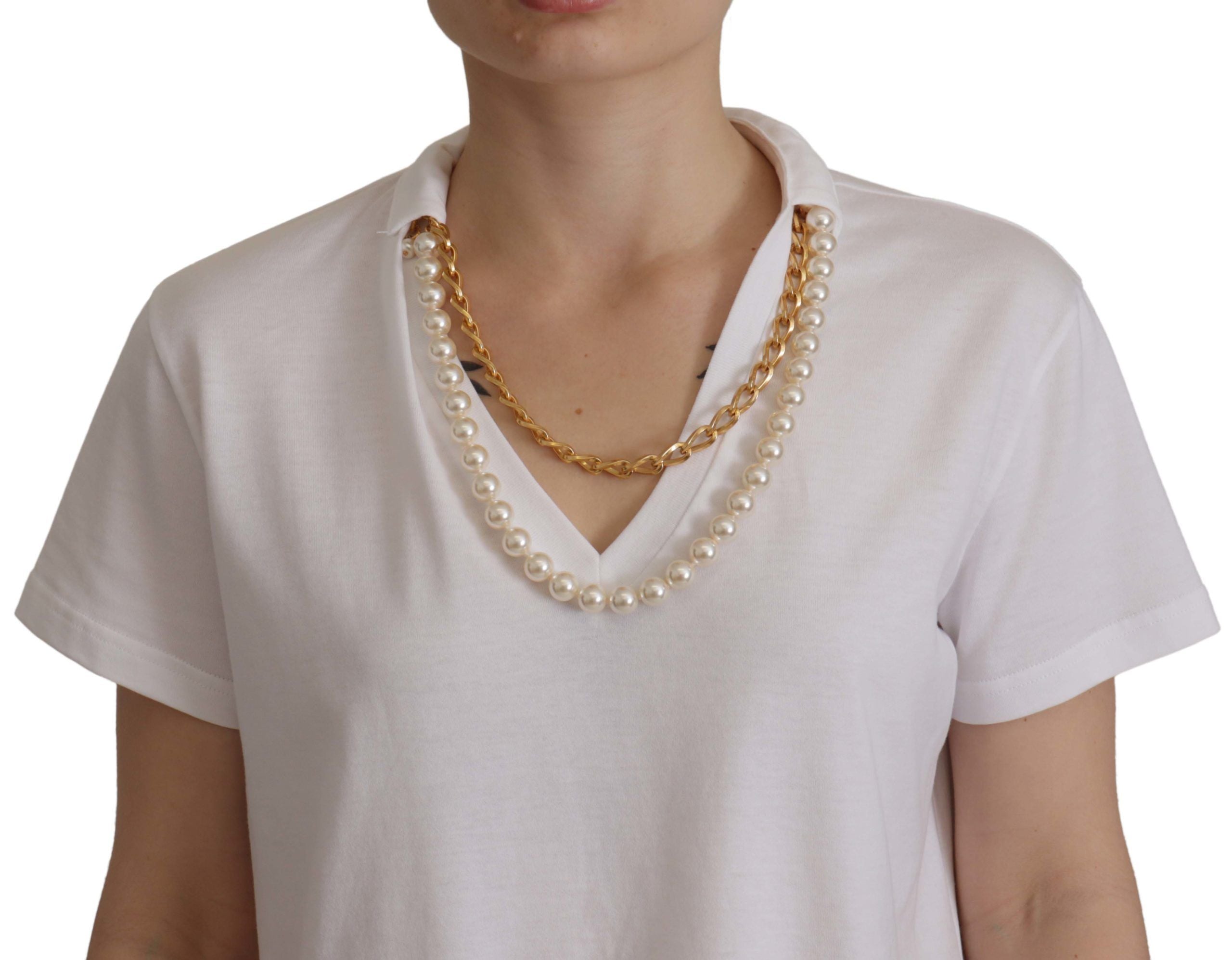 Dolce & Gabbana White Necklace Embellished Neckline T-shirt Women's Top
