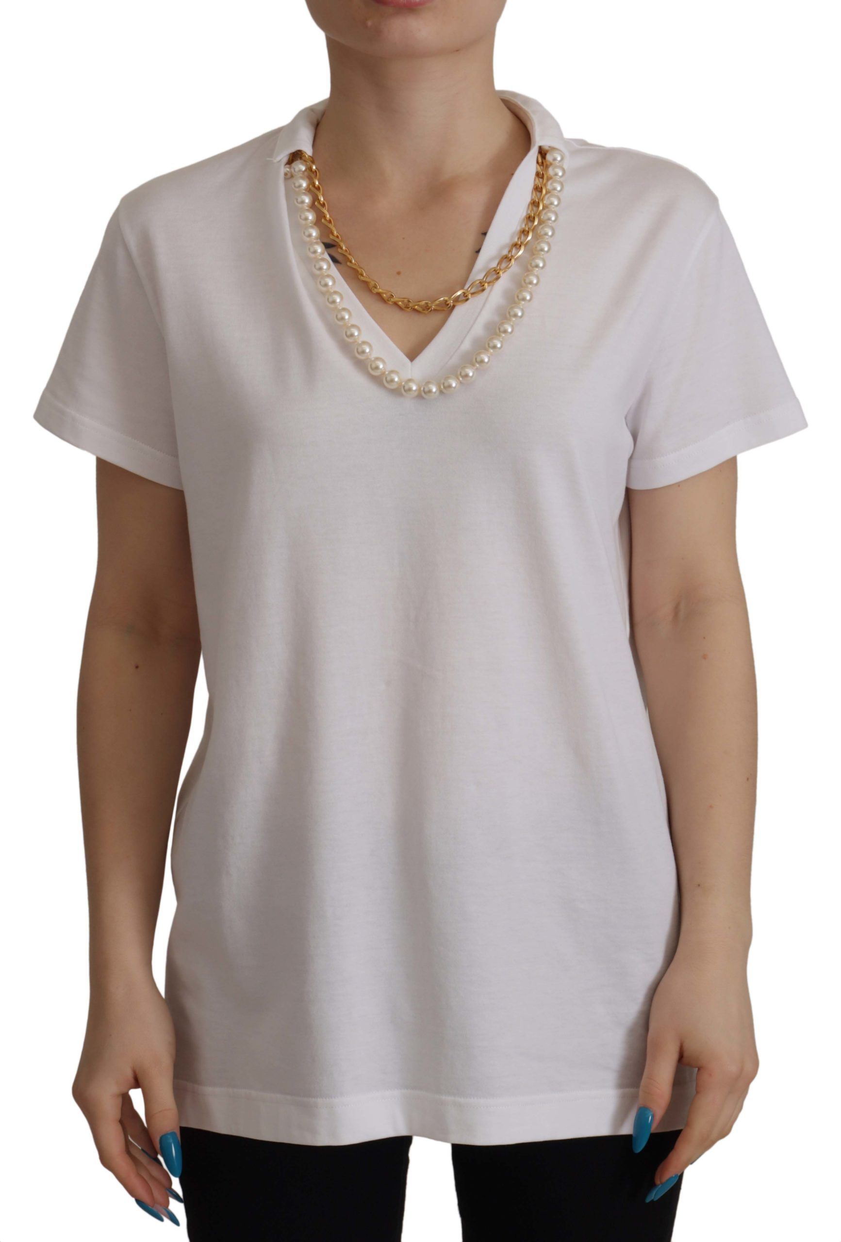 Dolce & Gabbana White Necklace Embellished Neckline T-shirt Women's Top