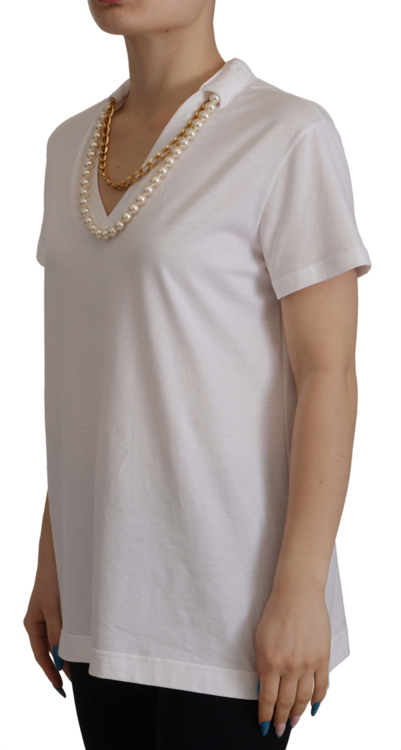 Dolce & Gabbana White Necklace Embellished Neckline T-shirt Women's Top