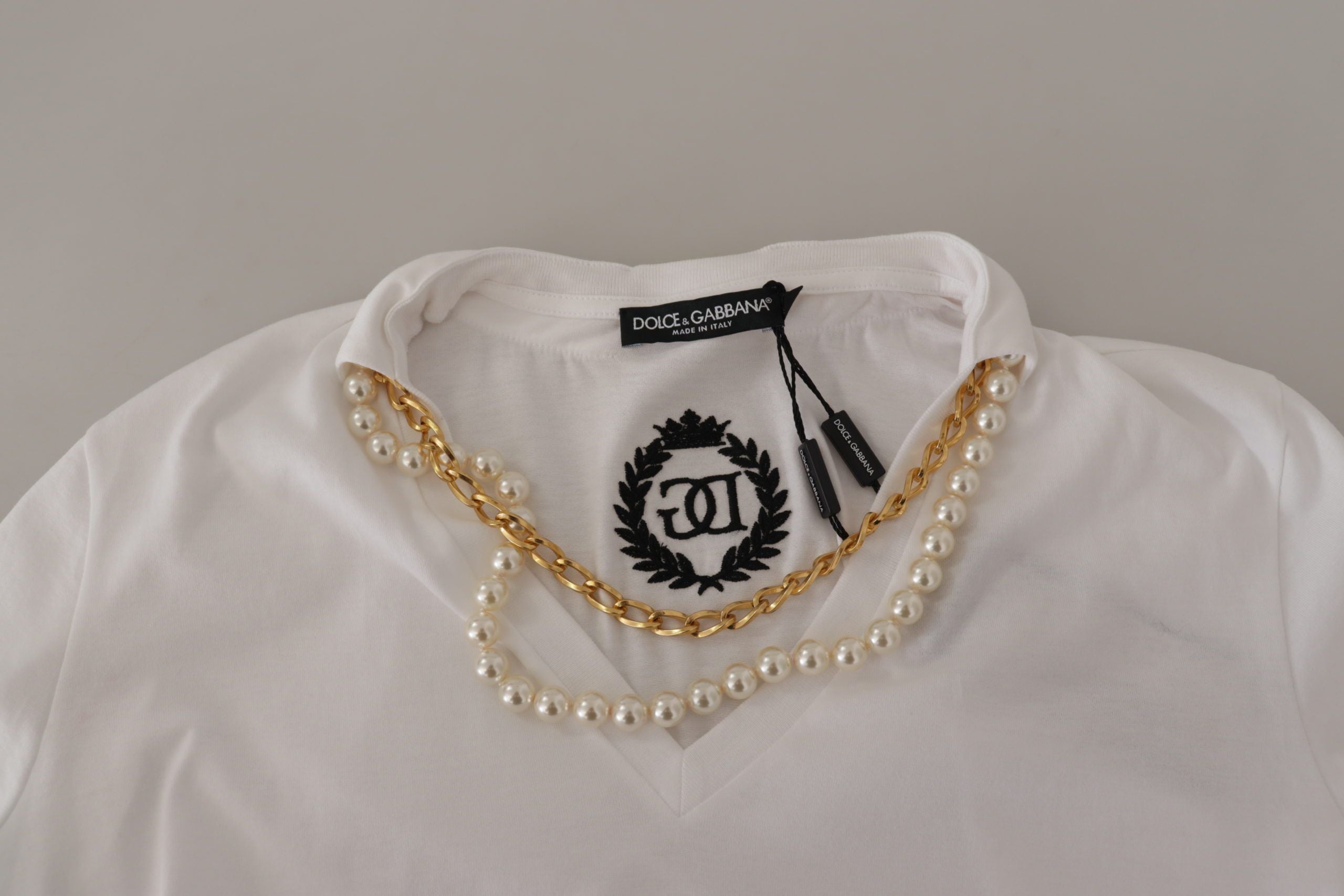 Dolce & Gabbana White Necklace Embellished Neckline T-shirt Women's Top