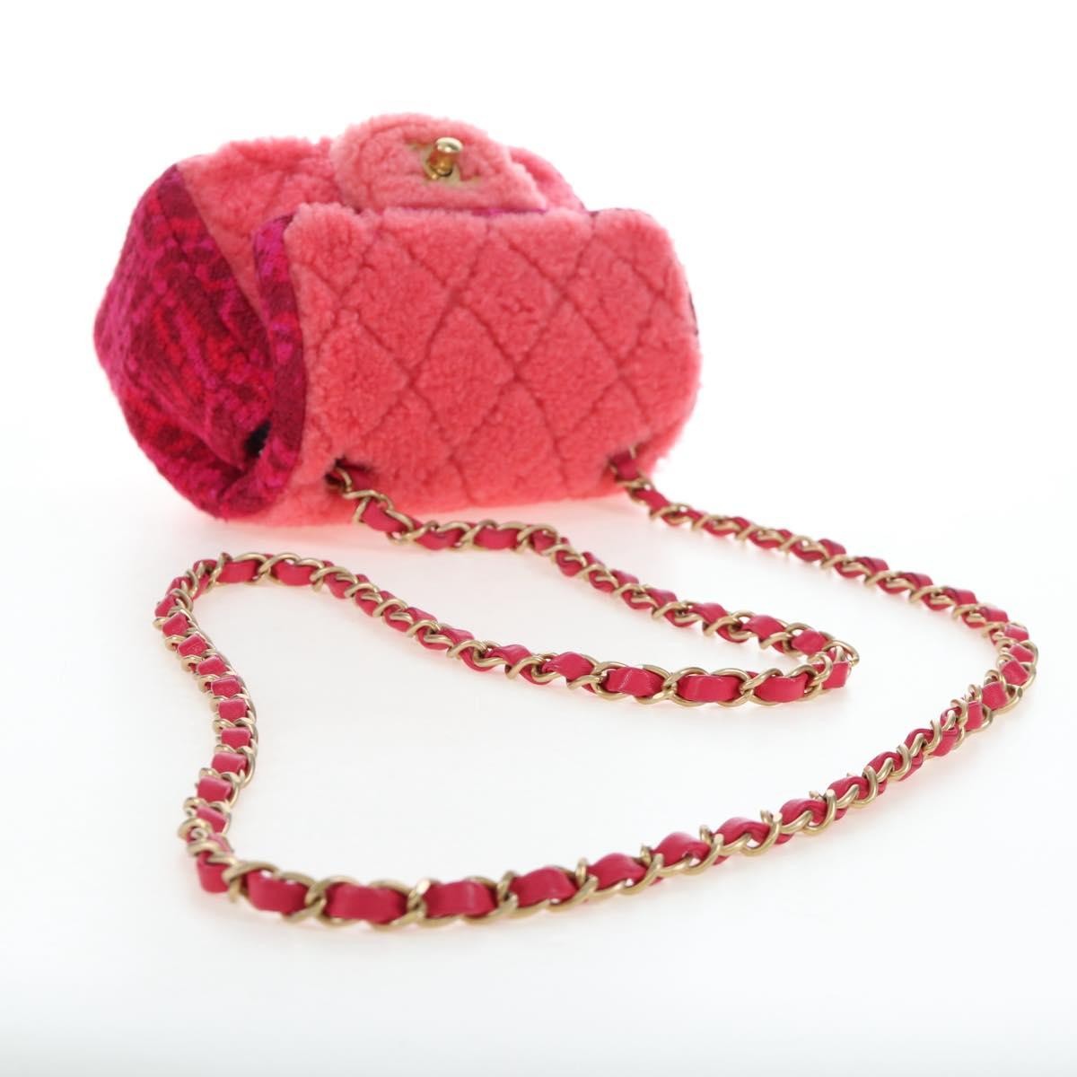 Chanel Vintage Square Classic Single Flap Quilted Shearling And Tweed Pink Canvas Handbag (Pre-Owned)