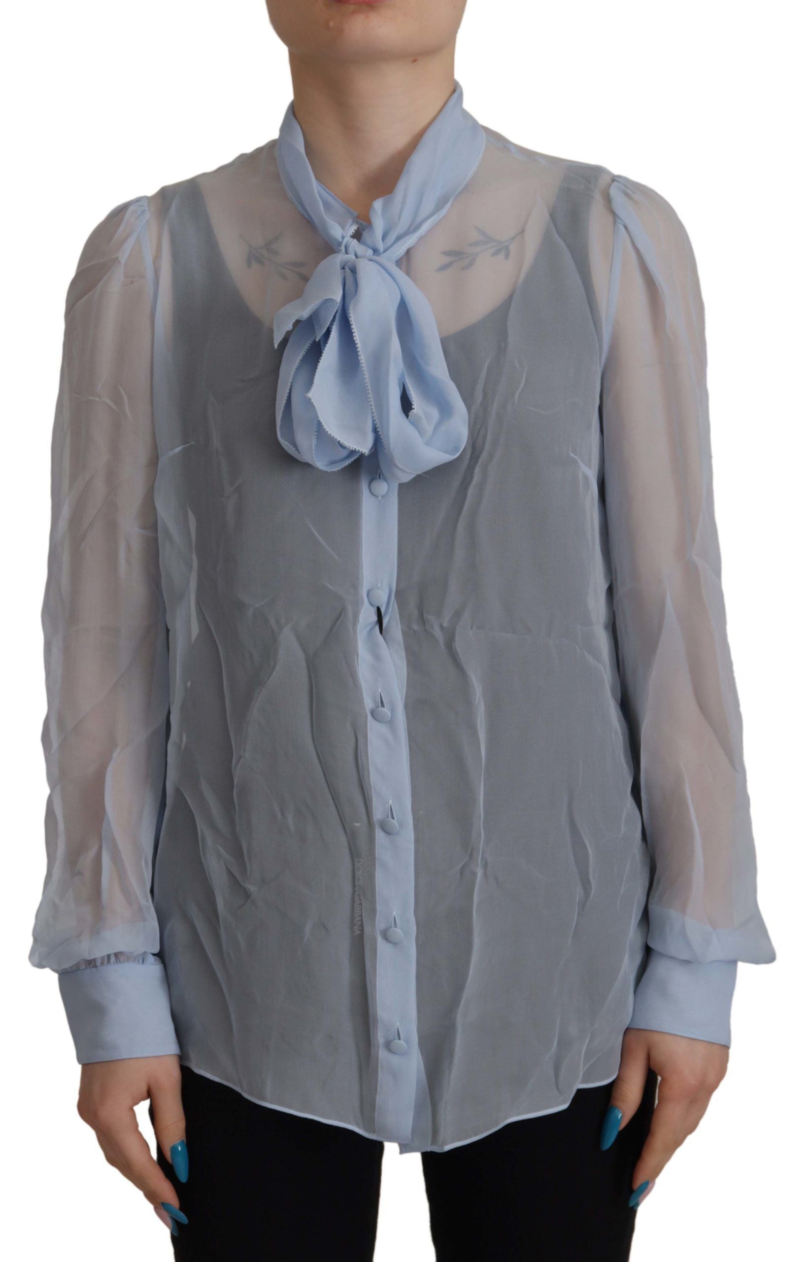 Dolce & Gabbana Elegant Silk Ascot Collar Blouse in Light Women's Blue
