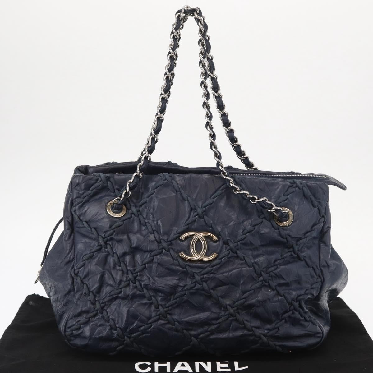 Chanel Ultra Stitch Chain Tote Quilted Calfskin Navy Leather Tote Bag Bag (Pre-Owned)
