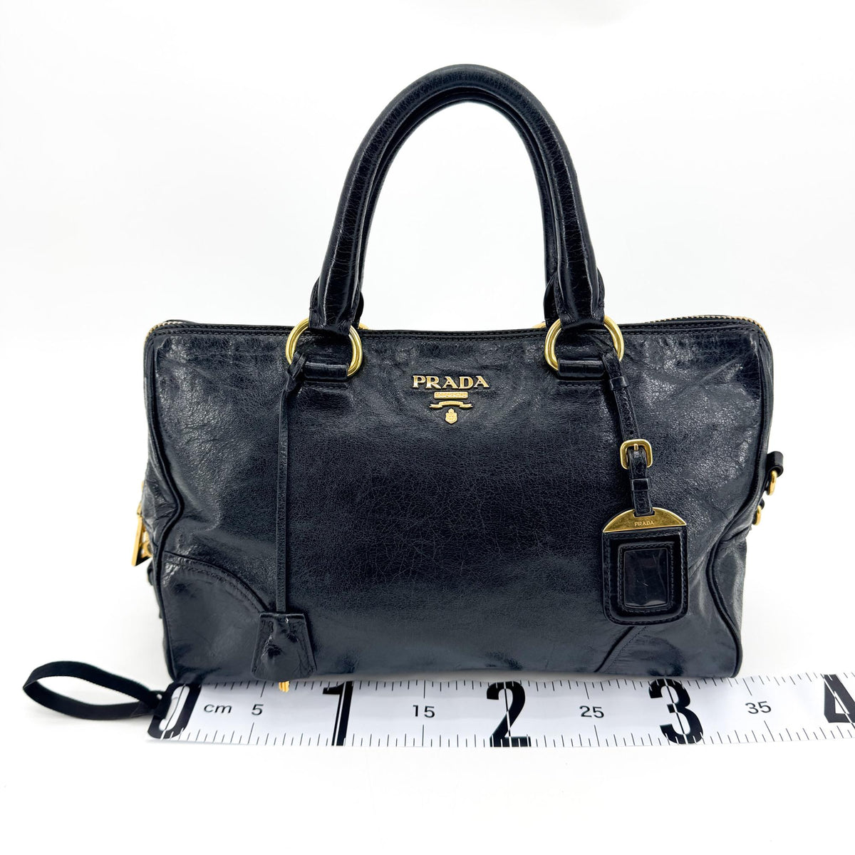 Prada Convertible Boston Vitello Shine Black Leather Handbag (Pre-Owned)