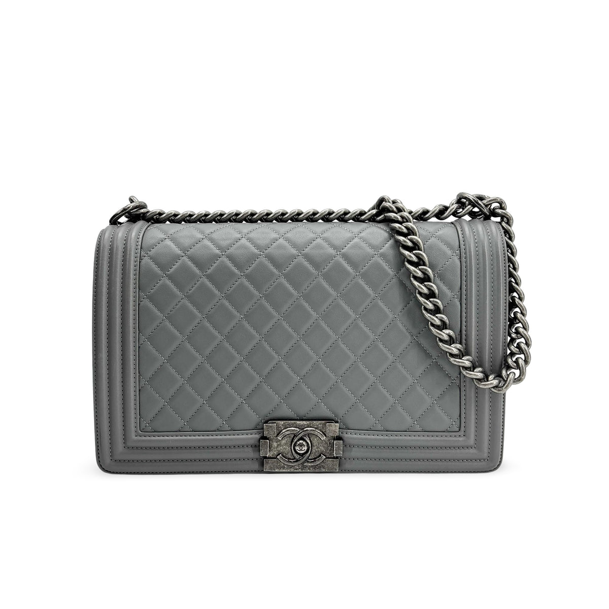 Chanel Boy Flap Bag Quilted Calfskin Gray Leather Handbag (Pre-Owned)
