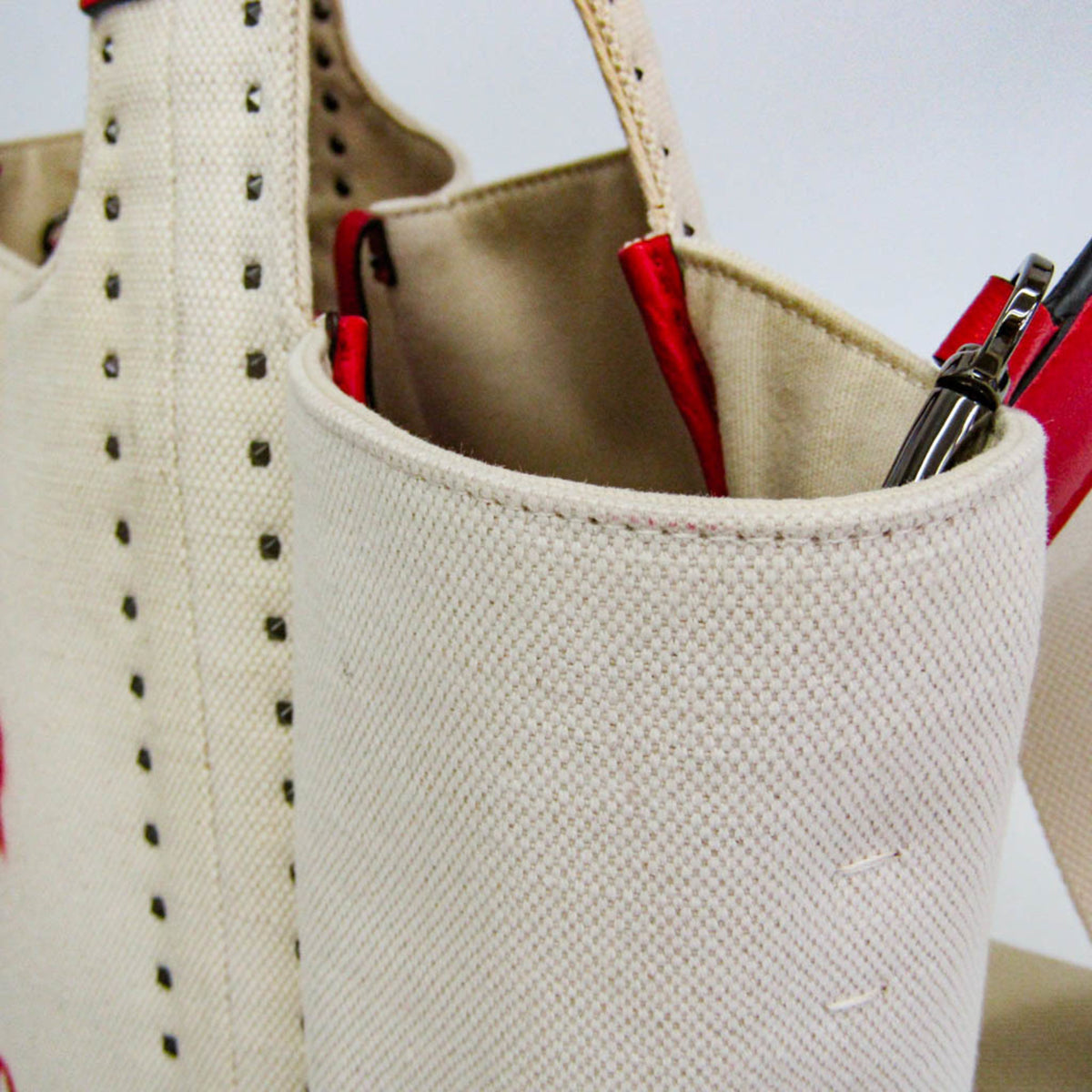 Valentino Garavani Atelier 01 Studded Canvas Red Canvas Tote Bag Bag (Pre-Owned)