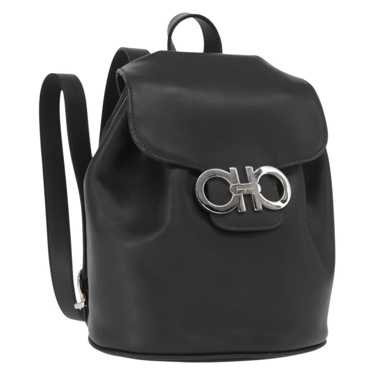 Salvatore Ferragamo Gancini Flap Drawstring Leather Black Leather Backpack Bag (Pre-Owned)