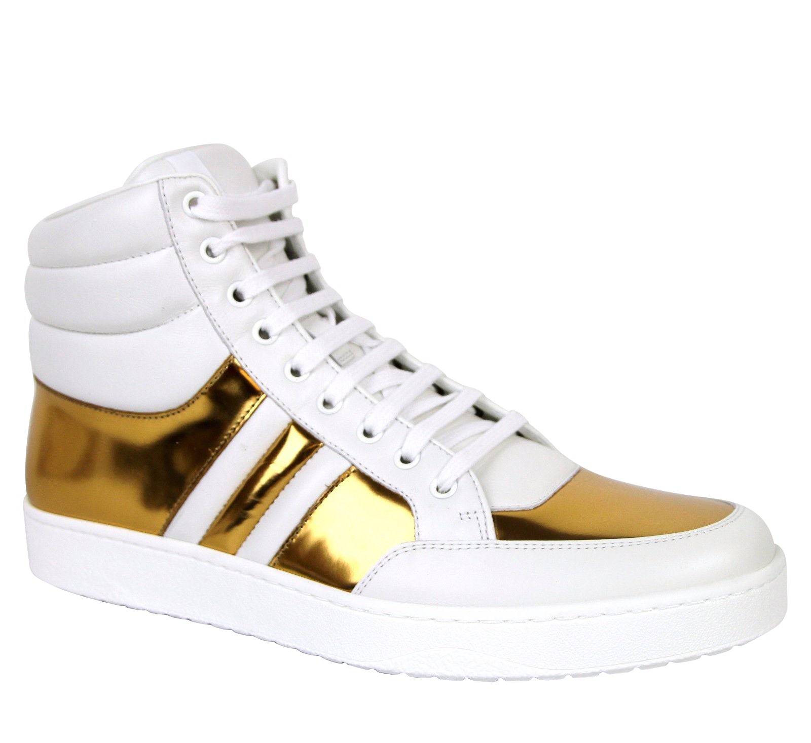 Gucci Men's High top Contrast Padded White / Gold Leather Sneaker (10 G / 10.5 US)