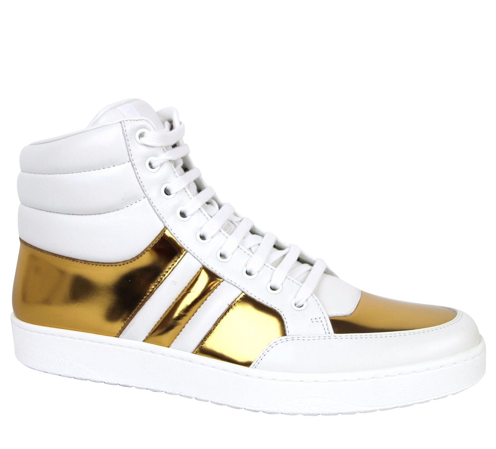 Gucci Men's High top Contrast Padded White / Gold Leather Sneaker (10 G / 10.5 US)