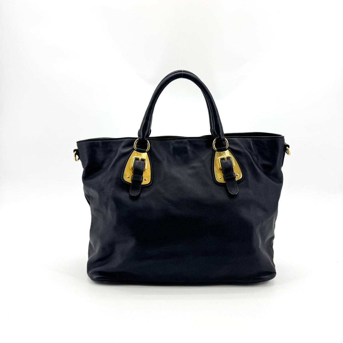 Prada Convertible Buckle Soft Calf Black Leather Tote Bag Bag (Pre-Owned)