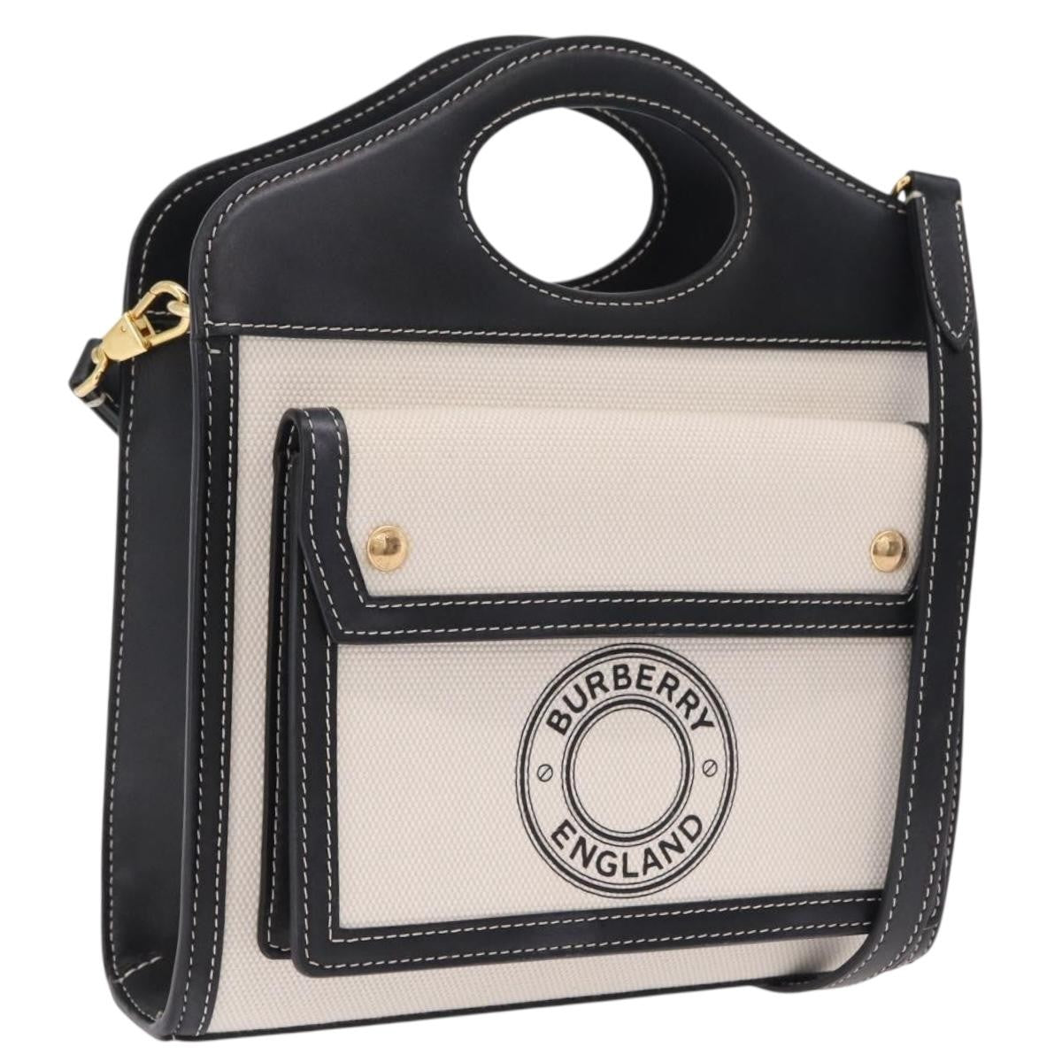 Burberry Logo Pocket Canvas With Leather White Canvas Tote Bag Bag (Pre-Owned)