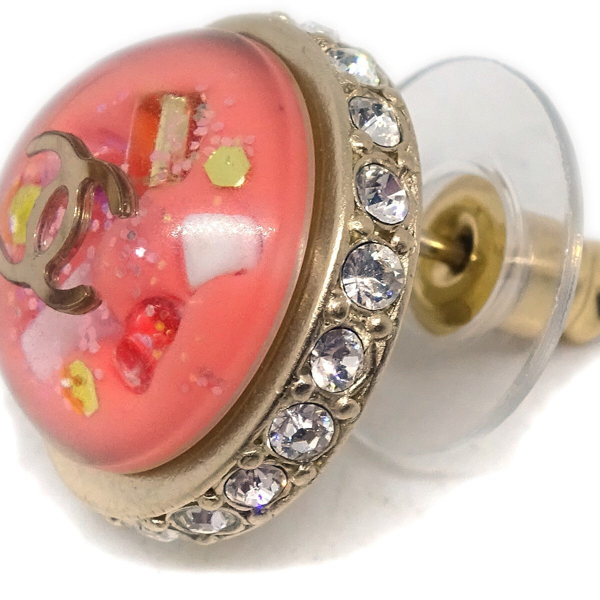Chanel Cc Logo Button Stud Metal With Crystals Pink Plastic Earrings Jewelry (Pre-Owned)
